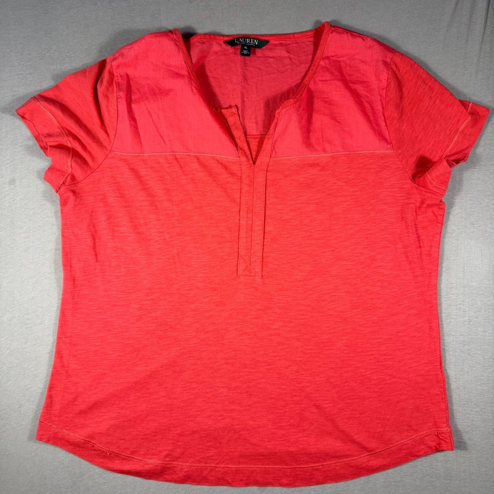 Lauren Ralph Lauren Coral Pink Mixed Media Split Neck Slub Knit Top XL Modal